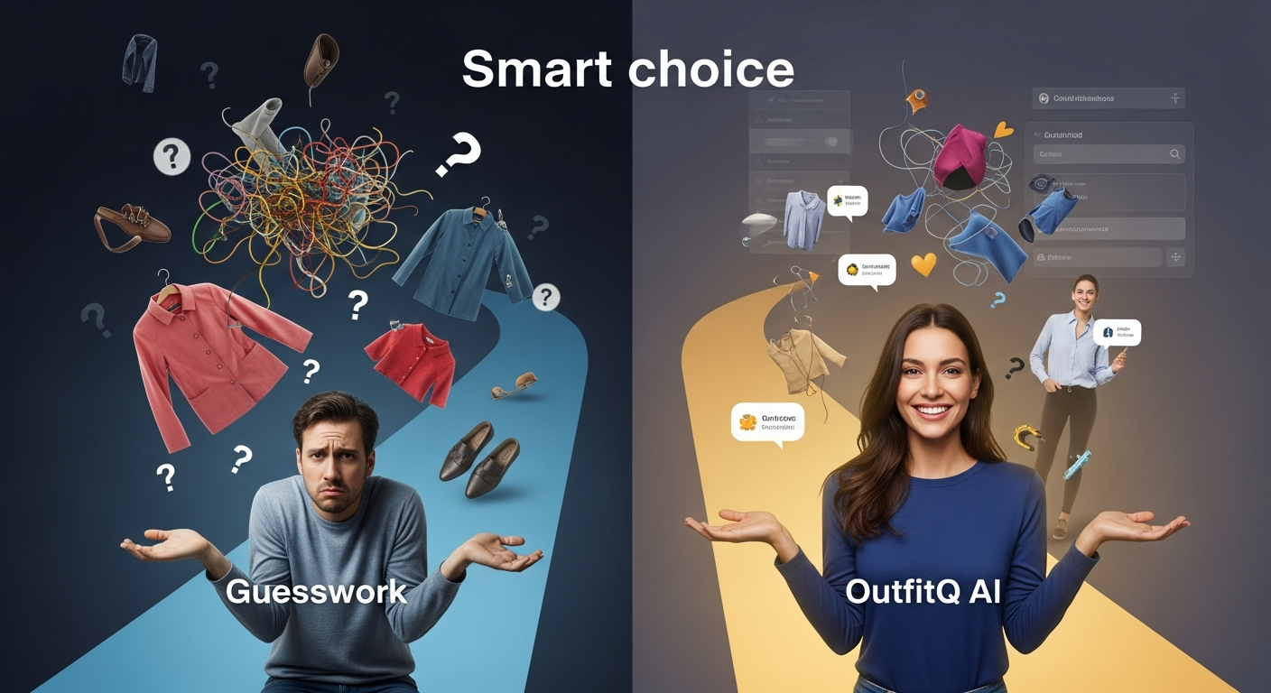 Generate an image that visually represents **smart choice**. Show two paths: one labeled 'Guesswork' leading to a cluttered, confusing path, and another labeled 'OutfitQ AI' leading to a clear, brightly lit path with a perfectly dressed person. Use a subtle digital background to indicate 'online' nature.