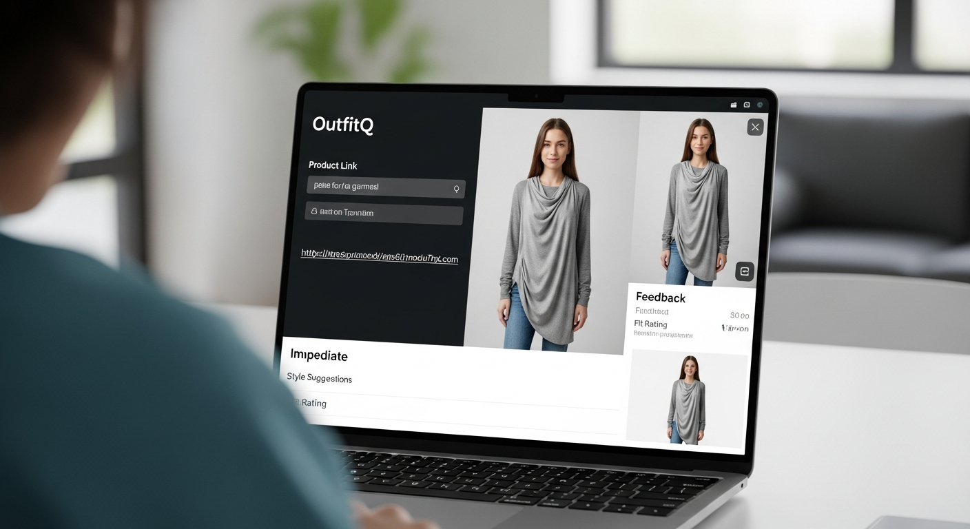 Generate an image demonstrating the **seamless online visualization**. Show a laptop screen where a user has pasted a product link into the OutfitQ online interface, resulting in a high-fidelity virtual try-on of the garment on their uploaded photo, highlighting the immediate feedback loop.
