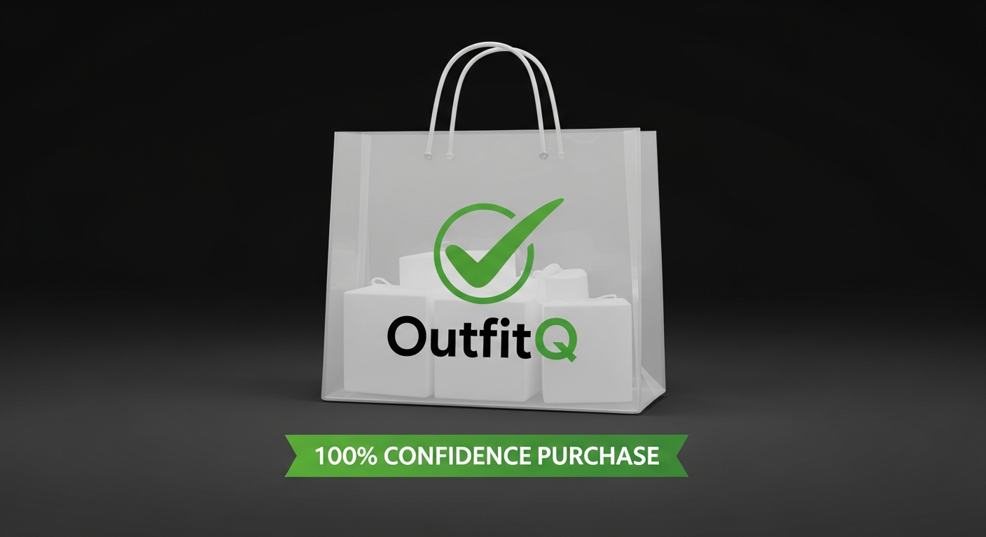 Generate an image that symbolizes **zero returns and confidence**. Show a shopping bag with a prominent checkmark and the OutfitQ logo, with a banner that reads '100% Confidence Purchase.'