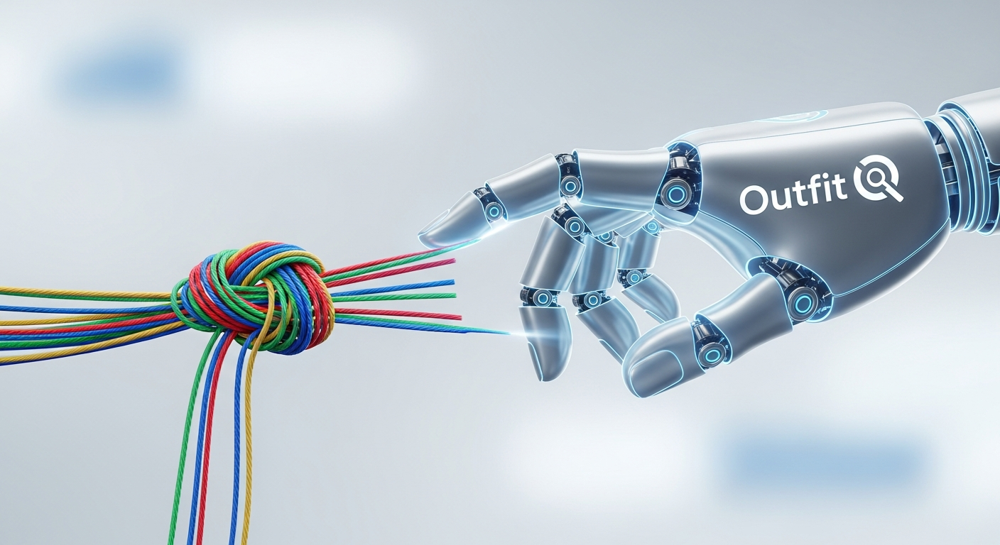 Generate an image that visually represents **simplicity and accessibility**. Show a complicated knot or puzzle being instantly untangled by a stylized AI hand, with the OutfitQ logo on the hand, symbolizing how the tool simplifies fashion for beginners.