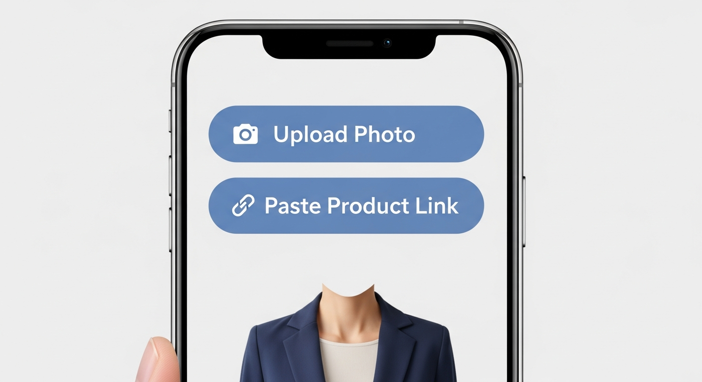 Generate an image demonstrating the **simple input process for beginners**. Show a clean, minimal phone screen with only two large, clear buttons: 'Upload Photo' and 'Paste Product Link,' leading immediately to a simple, stylish, virtually tried-on outfit.