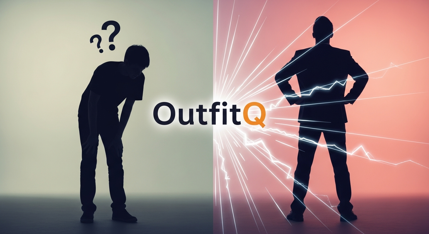 Generate an image that symbolizes **confidence building**. Show a person's silhouette transforming from a hesitant, uncertain pose into a confident, stylish pose, with the OutfitQ logo acting as the catalyst for the change.