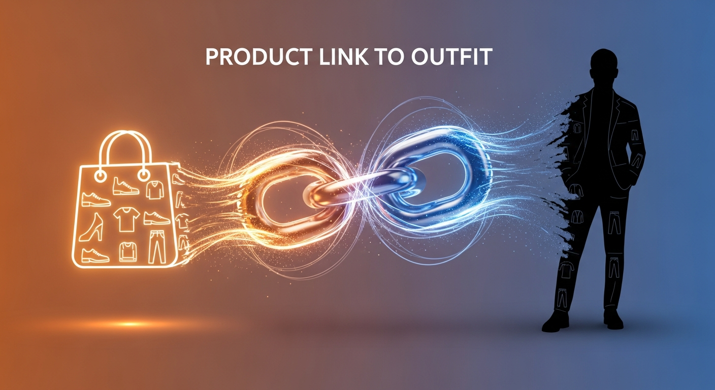 Generate an image that visually represents the **Product Link to Outfit** transformation. Show a digital shopping bag icon and a chain link icon merging together through a dynamic process, resulting in a perfectly dressed person's silhouette, symbolizing the AI's function.