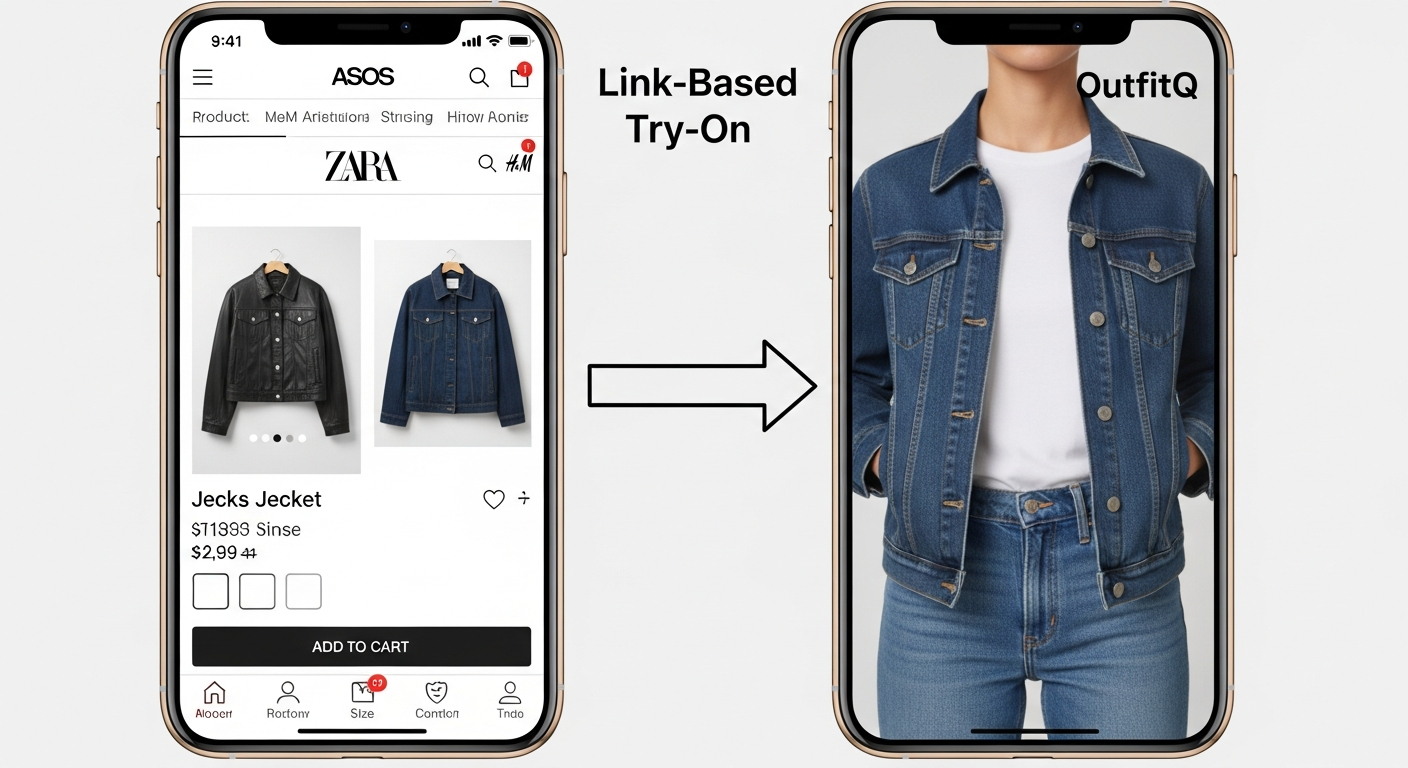Generate an image demonstrating the **Link-Based Try-On**. Show a phone screen with a split view: one side showing a retail website with a specific product (e.g., a jacket), and the other side showing the OutfitQ app with the jacket perfectly rendered on the user's photo. Use an arrow to show the link being pulled from the retail site to the app.