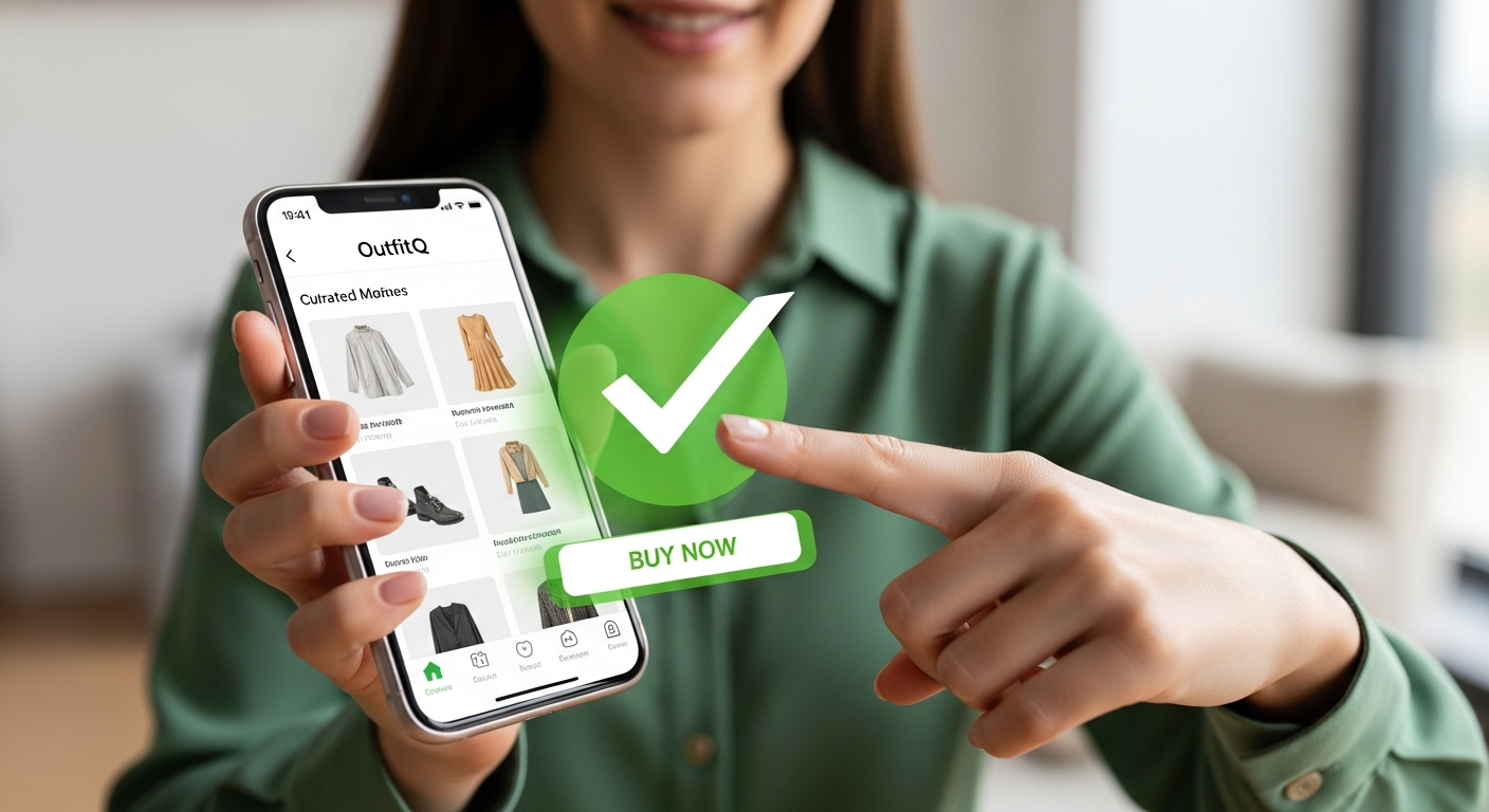 Generate an image that summarizes the **Confidence Boost**. Show a person holding a phone displaying the OutfitQ app, with their other hand making a confident purchase gesture (clicking a virtual 'Buy Now' button) with a large checkmark icon overlay.