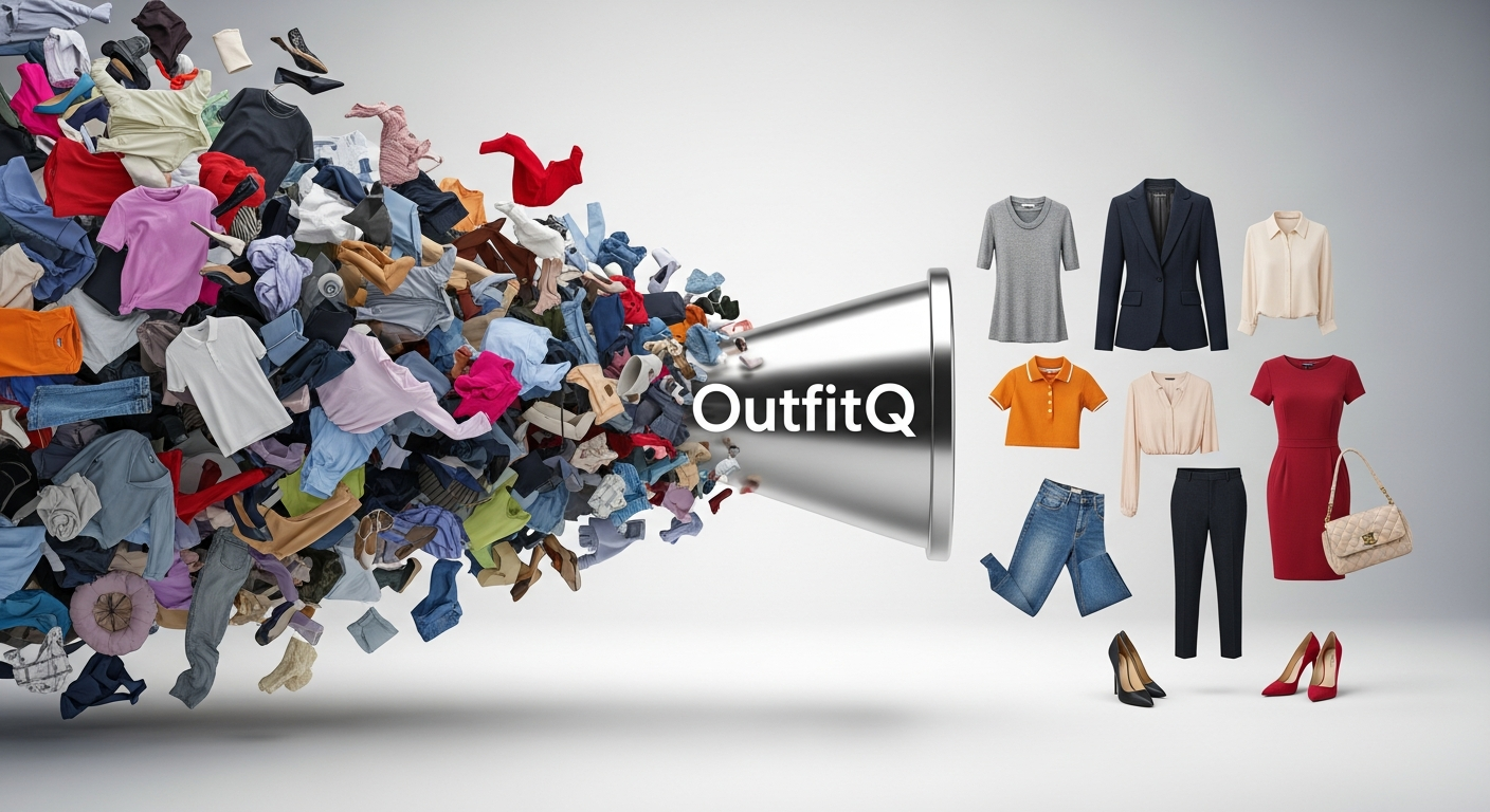 Generate an image that visually represents **filtering/precision**. Show a chaotic cloud of clothing items being funneled through the OutfitQ logo, with only 2-3 perfectly matched, stylish items emerging on the other side, symbolizing highly relevant recommendations.