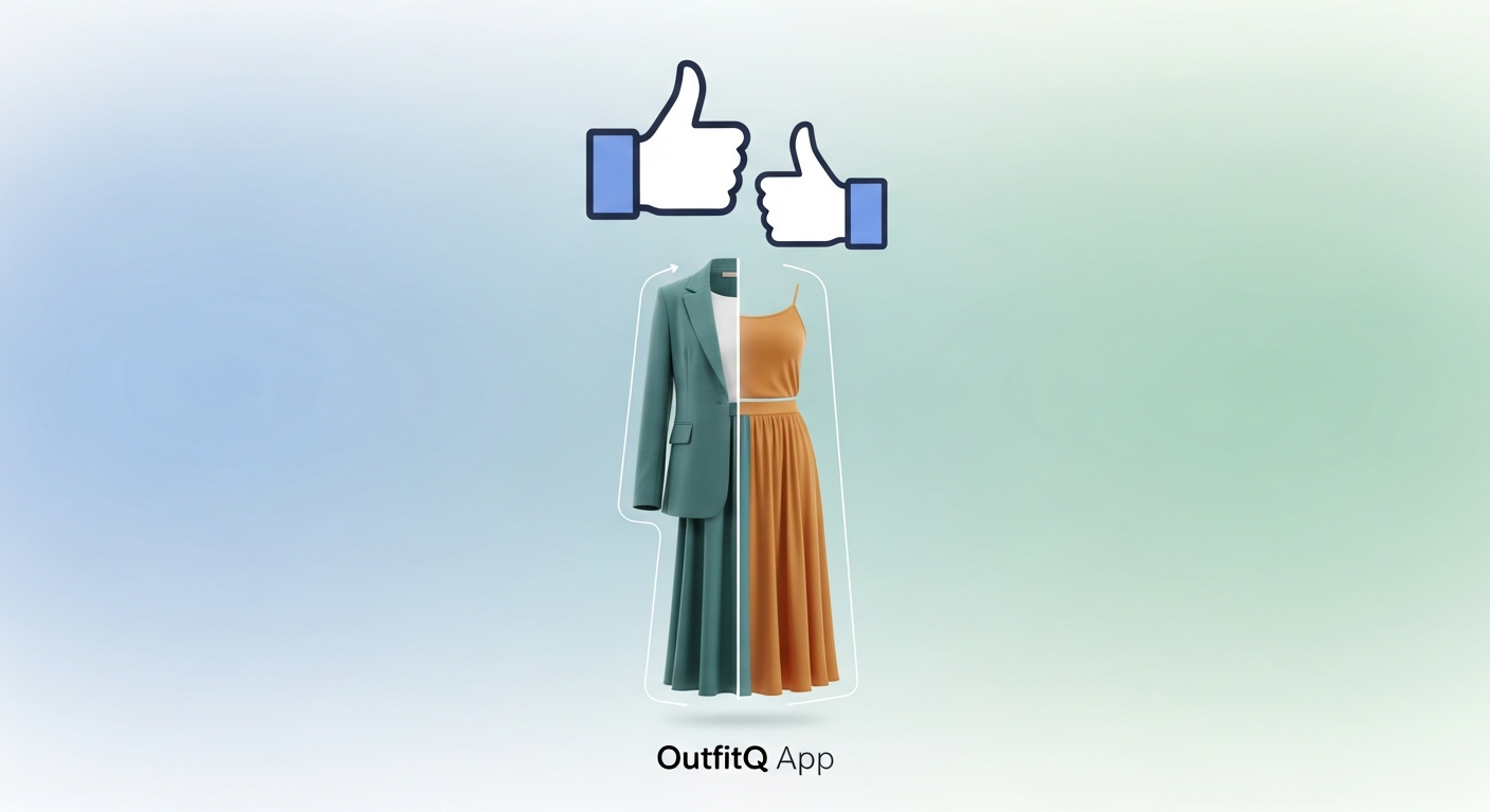 Generate an image that symbolizes **perfect match**. Show two stylized thumbs up icons over a seamlessly integrated, stylish outfit that was generated and virtually tried on via the OutfitQ app.