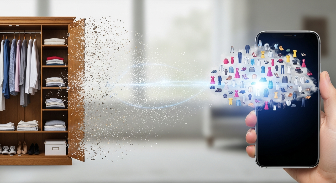 Generate an image that visually represents **wardrobe digitalization**. Show a traditional physical closet dissolving into a digital, stylized cloud on a smartphone screen, symbolizing the process of turning physical clothes into virtual styling assets via photo upload.