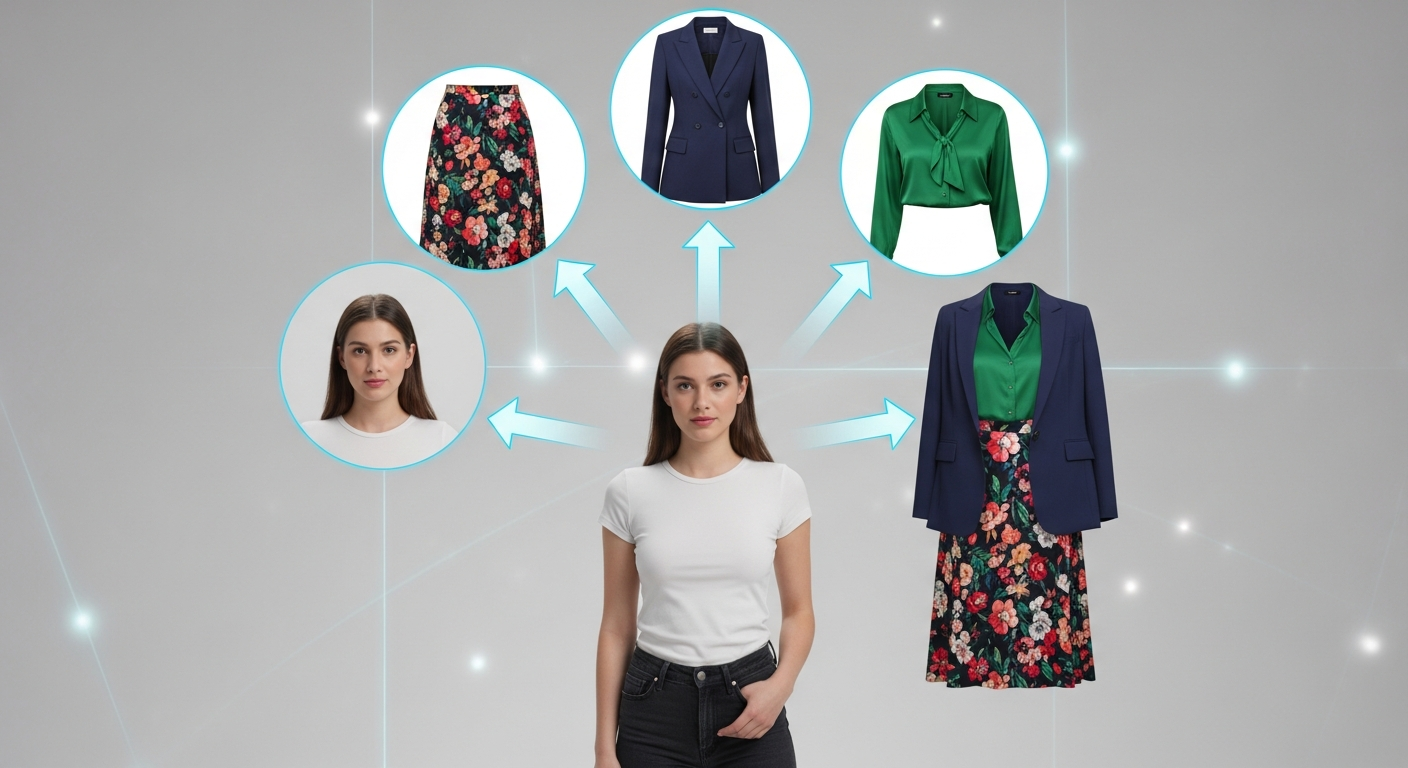 Generate an image demonstrating the **AI Mixing Process**. Show a user's photo in the center. Around it, show 3 separate uploaded clothing photos (e.g., a skirt, a top, a jacket) with arrows pointing inwards, culminating in a single, complete, virtually tried-on outfit on the user's image.
