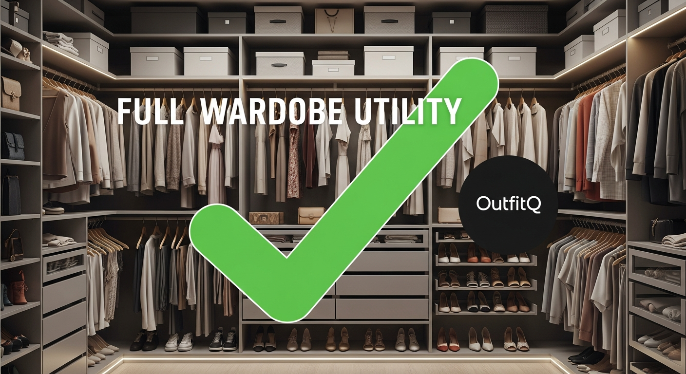 Generate an image that symbolizes **full wardrobe utility**. Show a large checkmark over a digital rendering of a full closet, with the OutfitQ logo indicating that all items are now utilized and styled.