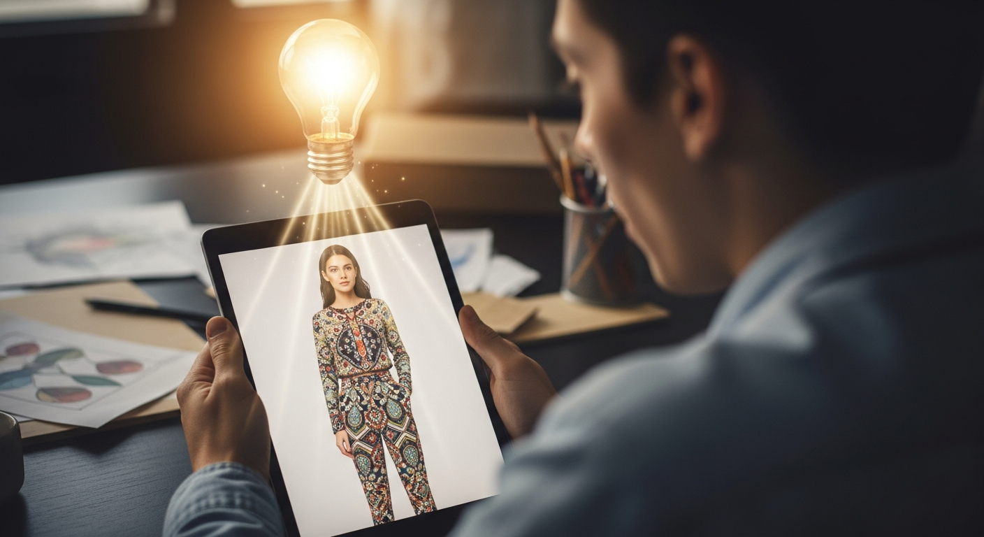 Generate an image that visually represents **inspiration generation**. Show a lightbulb turning on over a person's head, with the light shining down to reveal a beautifully styled, virtually tried-on outfit on their photo, emphasizing the moment of creative breakthrough facilitated by the AI.