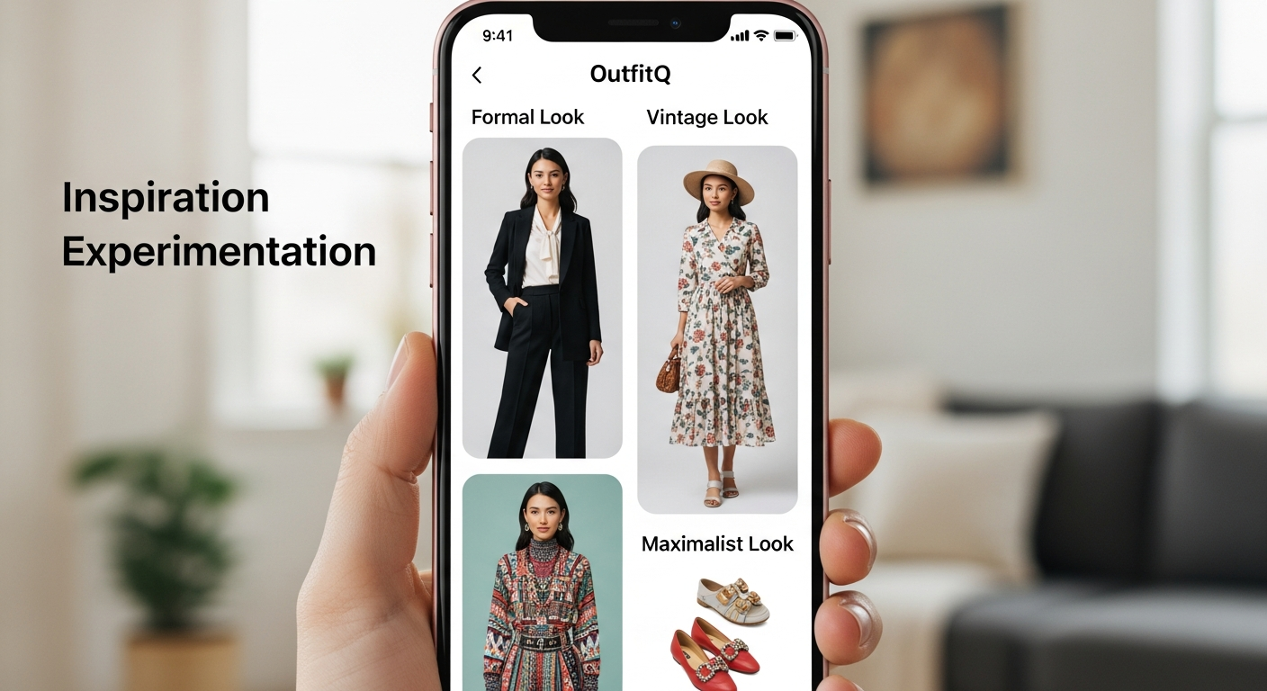 Generate an image demonstrating the **Inspiration Experimentation**. Show a phone screen with the OutfitQ app displaying multiple distinct, inspirational outfits (e.g., a formal look, a vintage look, a maximalist look) virtually tried on the same user's photo, highlighting the breadth of style exploration.
