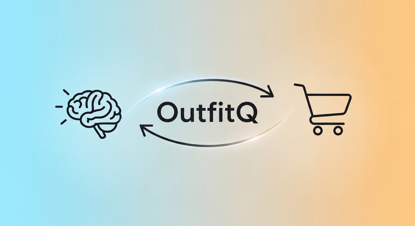 Generate an image that symbolizes **inspiration leading to action**. Show a line connecting a stylized brain icon (idea) to a shopping cart icon, with the OutfitQ logo acting as the bridge, illustrating the conversion of inspiration into a purchase.