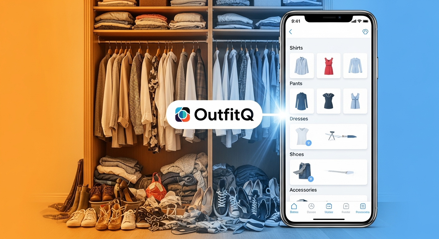 Generate an image that visually represents **digital organization**. Show a cluttered, physical closet transforming into a clean, categorized, and functional digital interface on a smartphone, with the OutfitQ logo central to the transformation.