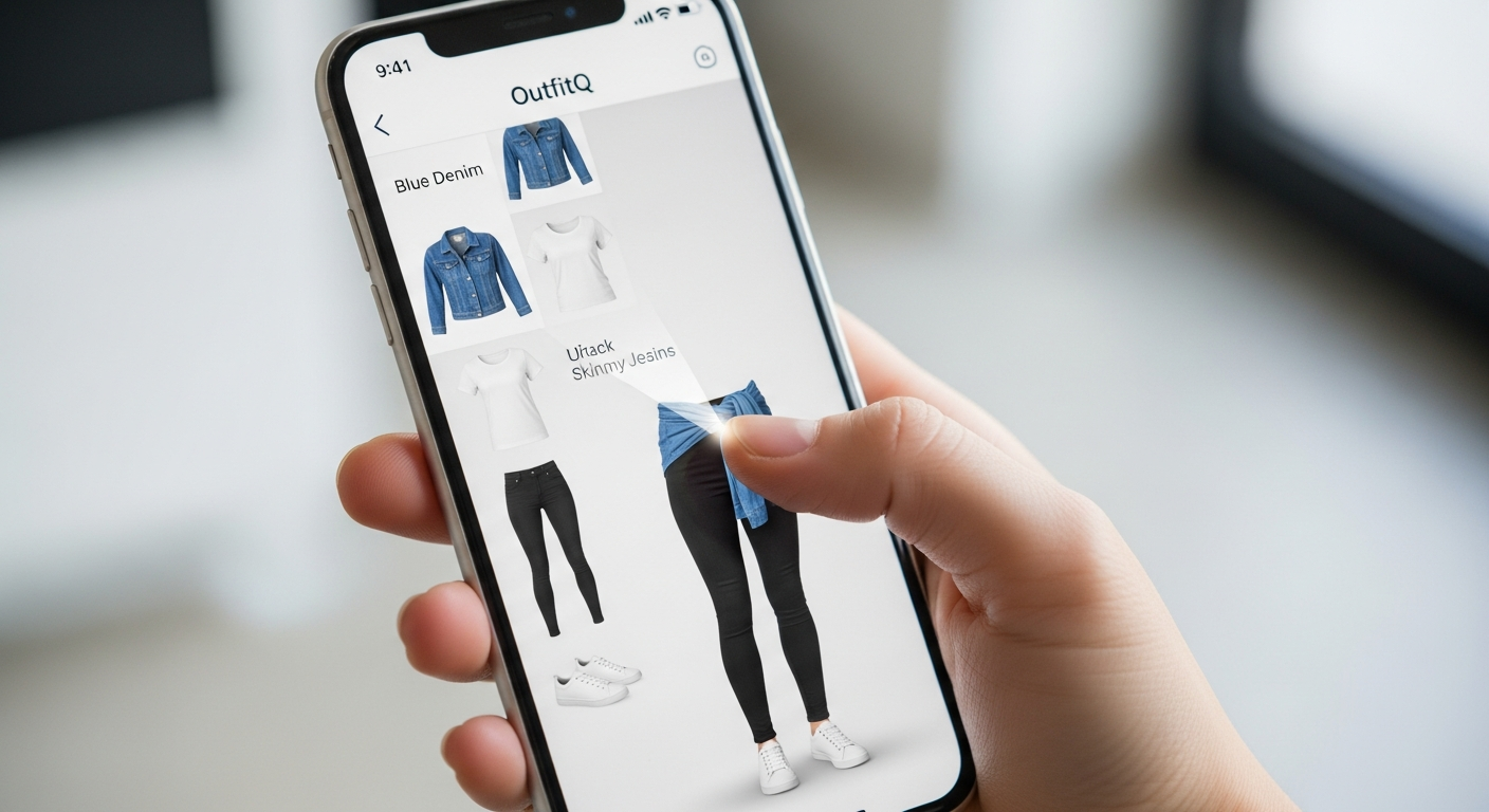 Generate an image demonstrating the **Digital Outfit Building Process**. Show a user scrolling through their digital clothing gallery (e.g., icons of a shirt, pants, and shoes) on the OutfitQ interface, and then seeing the selected items instantly combine and drape realistically on their own photo.
