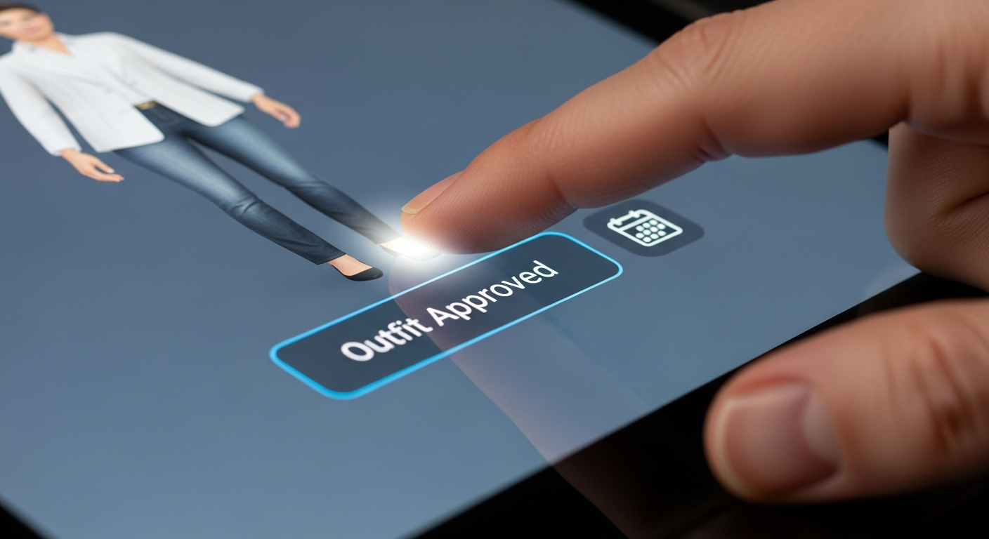 Generate an image that symbolizes **efficient decision-making**. Show a finger confidently tapping an 'Outfit Approved' button on a screen displaying a virtually tried-on look, next to a small calendar icon.