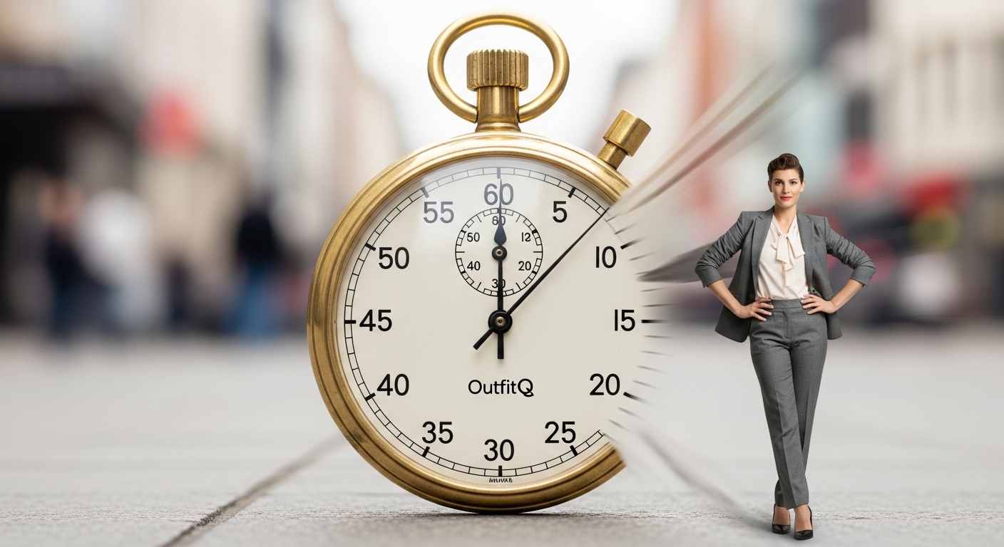 Generate an image that visually represents **instant gratification**. Show a stopwatch or clock with the hands moving extremely fast, and the final second ticking over to reveal a fully styled, confident person, with the OutfitQ logo on the clock face.