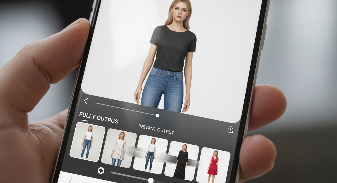 Generate an image clearly illustrating the **Instant Output**. Show a phone screen with a user quickly cycling through 3-4 different, fully generated, virtually tried-on outfits in rapid succession, implying the speed of generation.