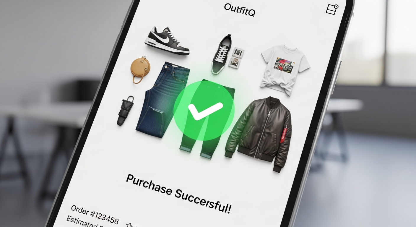 Generate an image that symbolizes **instant success**. Show a digital checkmark appearing over a purchase confirmation screen that includes an OutfitQ-generated look, implying the speed led to a successful, confident transaction.