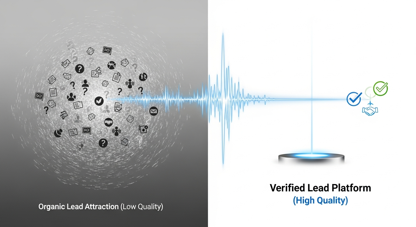 A visual illustrating the high noise level of organic lead attraction (many low-quality inquiries) versus the direct, clean signal of a verified lead platform.