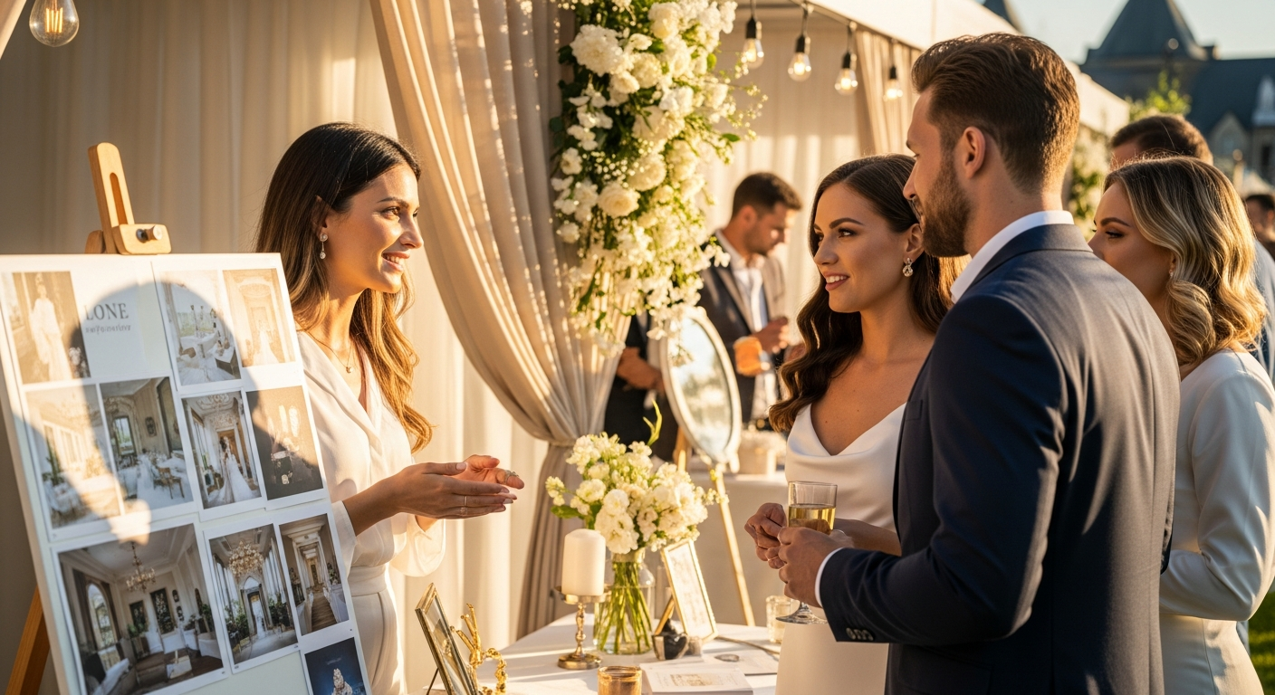 A closing image that symbolizes the vendor's success and ability to attract clients easily, like a wedding vendor confidently engaging with a high-end couple.