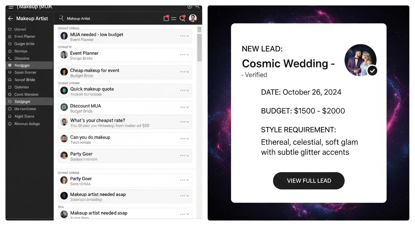 A visual that contrasts a generic MUA inquiry inbox (full of low-quality, budget-seeking messages) with a Cosmic Wedding-verified lead notification (showing date, budget, and style requirement clearly).