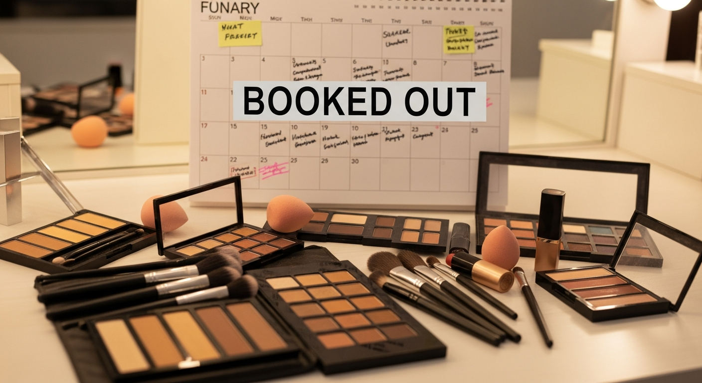 A closing image symbolizing high demand and professional success, such as a makeup kit with a 'Booked Out' calendar visible behind it.